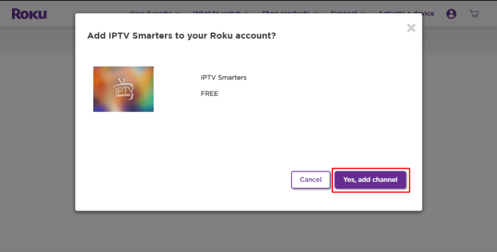 Roku-Bestätigungsbildschirm zum Hinzufügen von IPTV Smarters mit hervorgehobenem 'Ja, Kanal hinzufügen'-Button.